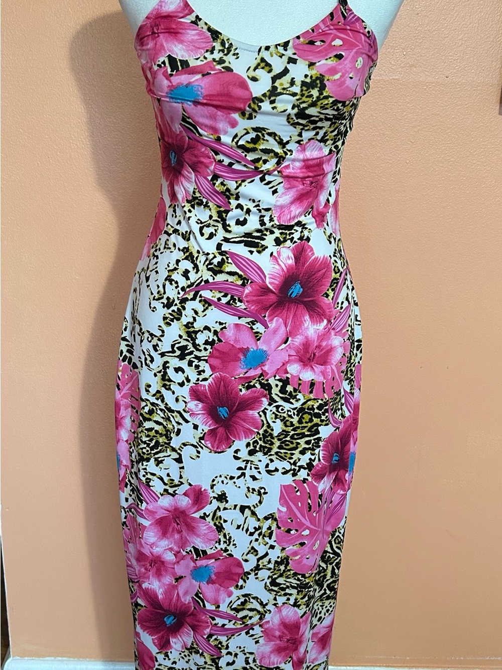 Absolutely Pink Floral Slip Maxi Dress with Leopard Accent